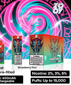 Brightly colored advertisement for Zooy disposable vape in Strawberry Kiwi flavor, featuring a red and teal devil graphic on the packaging, product details including 26ml e-liquid, 650mAh rechargeable battery, nicotine levels of 2%, 3%, 5%, up to 15,000 puffs, and a vibrant blue and pink magical symbol background.