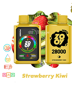 Two yellow ZOOY branded vape devices labeled 'Strawberry Kiwi 28000' are displayed in front of a background featuring strawberries and kiwi slices, with product details highlighting puff count, liquid volume, and nicotine options.