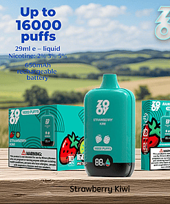 Promotional image for ZOOY Strawberry Kiwi vape showing a teal vape device, packaging with strawberry and kiwi illustrations, and key features such as up to 16,000 puffs, 29ml e-liquid, multiple nicotine strengths, and a 650mAh rechargeable battery, set against a countryside background.