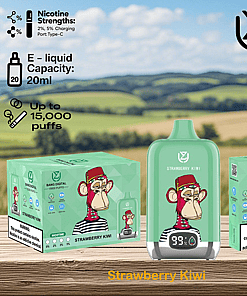 Strawberry Kiwi flavored disposable vape device and packaging featuring a cartoon monkey wearing a red hat and striped shirt, set against a scenic countryside background with product details such as 20ml e-liquid capacity, up to 15,000 puffs, and nicotine strengths of 2% and 5%.