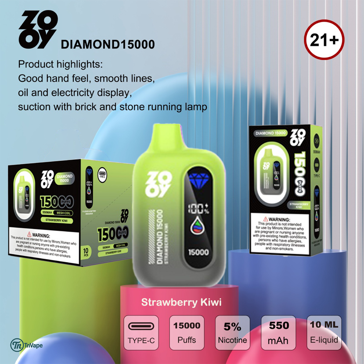 Promotional image for ZOOV Diamond15000 disposable vape in strawberry kiwi flavor, showing a green and black vape device with digital display and packaging, product highlights, usage warnings, and key features including 15,000 puffs, 5% nicotine, 550mAh battery, 10ml e-liquid, and age restriction 21+.