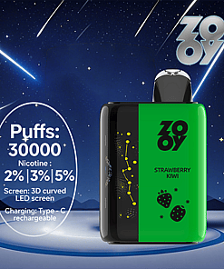 Promotional image of a ZOOY Strawberry Kiwi vape device with a green body, black mouthpiece, and illustrated strawberries, set against a starry night background with shooting stars and product features such as 30,000 puffs, various nicotine strengths, a 3D curved LED screen, and Type-C charging highlighted.