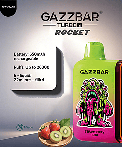 GAZZBAR Turbo Rocket strawberry kiwi vape device with a bright green and pink body featuring a colorful, dripping monster illustration, shown beside sliced kiwi and strawberries, and text highlighting 650mAh battery, up to 20,000 puffs, and 22ml pre-filled e-liquid.