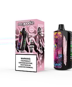 Mr. Goodie disposable vape device and packaging in a pink design labeled strawberry lemon flavor, featuring warning for nicotine content and product features like 50K puffs, 40ml e-liquid, and dual modes.