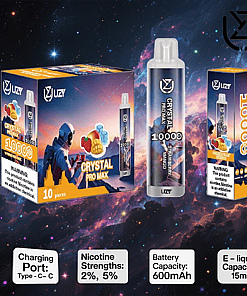 Promotional image for UZY Crystal Pro Max disposable vape featuring product packaging, a space-themed background, information on nicotine strengths, battery and e-liquid capacity, and a charging port type.