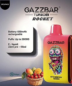 Gazzbar Turbo Rocket disposable vape in strawberry mango flavor featuring a colorful, cartoonish monster graphic on the device, with product details highlighting a 650mAh rechargeable battery, up to 20,000 puffs, and 22ml pre-filled e-liquid, alongside a basket of strawberries and mangoes.