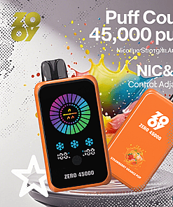 Two orange ZOOV Zero 45000 disposable vape devices, one showing a digital display and the other displaying a strawberry orange pop flavor, with colorful fruit splash graphics and product details highlighting 45,000 puffs and adjustable settings.