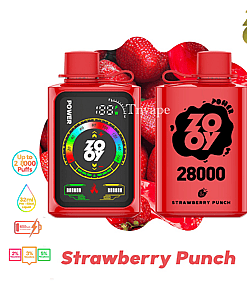 Red ZOOY disposable vape devices labeled 'Strawberry Punch' with digital displays, shown in front of fresh strawberries, highlighting features like up to 28,000 puffs and various nicotine strengths.