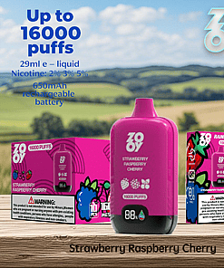 Pink ZOOY branded vape device and packaging, labeled Strawberry Raspberry Cherry flavor, on a wooden surface with a countryside background and promotional text highlighting up to 16,000 puffs and product specs.