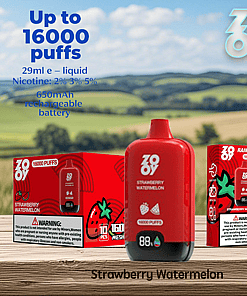 Red Zovoo vape device and packaging labeled 'Strawberry Watermelon,' promoting up to 16,000 puffs, with product specifications displayed, set against a blurred outdoor landscape.