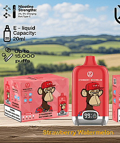 Strawberry Watermelon flavored disposable vape device with a 20ml e-liquid capacity, digital display, up to 15,000 puffs, and packaging featuring a cartoon monkey wearing a red hat.