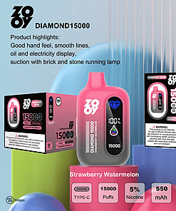Advertisement for ZOOV Diamond15000 disposable vape in strawberry watermelon flavor, showing a pink device with digital display, product boxes, and features such as 15,000 puffs, 5% nicotine, 550mAh battery, 10ml e-liquid, and Type-C charging, labeled for 21+ only.