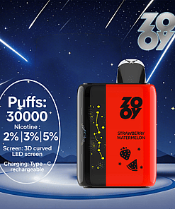 Red and black ZOOY Strawberry Watermelon vape device with 30,000 puffs, nicotine options of 2%, 3%, or 5%, 3D curved LED screen, and Type-C charging, set against a night sky with shooting stars and mountains.