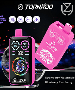 Promotional image for the UZY Tornado vape device in bright pink featuring a digital display, colorful astronaut artwork, dual flavor options (Strawberry Watermelon and Blueberry Raspberry), and product features like double flavour, 850mAh battery, Type-C charging, and volume indicator.