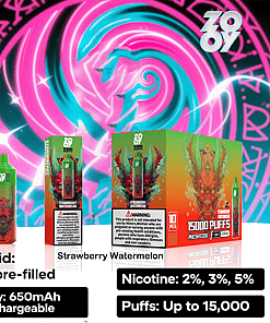 Promotional image for Zovoo disposable vape in strawberry watermelon flavor, showing the vape device, its packaging, and a vibrant fantasy-themed background with product specifications such as 26ml e-liquid, 650mAh rechargeable battery, nicotine strengths, and up to 15,000 puffs.