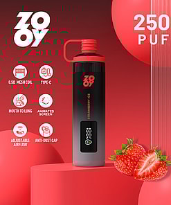 Promotional image for Zooy Strawberry Ice vape, featuring the device with a red lid, digital display, and strawberry graphics, highlighting features like 25,000 puffs, mesh coil, Type-C charging, mouth to lung draw, animated screen, adjustable airflow, and anti-dust cap.