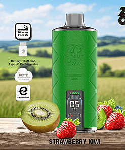 Green ZOOY vape device labeled Strawberry Kiwi displayed with sliced kiwi, strawberries, and blueberries on a wooden surface, set against a blurred landscape background with vaping product information icons.