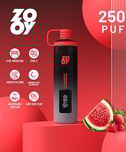 Electronic vape device labeled 'ZOOY Strawberry Watermelon' with 25,000 puffs, surrounded by icons representing features such as mesh coil, Type-C charging, mouth to lung, animated screen, adjustable airflow, anti-dust cap, and images of watermelon and strawberries.