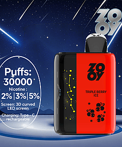 ZOOY Triple Berry Ice vape device with red and black design, displayed against a night sky with shooting stars, key features include 30,000 puffs, nicotine options of 2%, 3%, or 5%, a 3D curved LED screen, and Type-C charging.