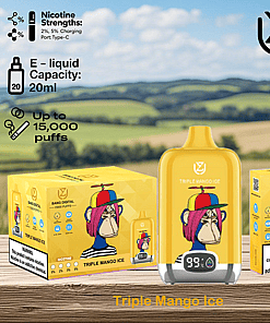 Triple Mango Ice disposable vape device and packaging featuring a cartoon monkey with a propeller hat, set on a wooden surface with fields and hills in the background; key product information includes 15,000 puffs, 20ml e-liquid capacity, 2% and 5% nicotine strengths, and a warning about nicotine content.