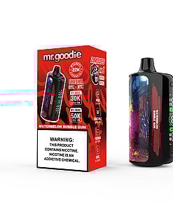 Mr. Goodie Watermelon Bubble Gum vape device and its packaging, featuring colorful graphics, product details, and a nicotine warning label.