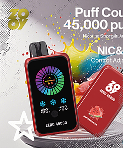 Promotional image for ZOOV Zero 45000 disposable vape, featuring two red devices with Watermelon Ice flavor, a colorful splash background, and text highlighting 45,000 puffs, adjustable nicotine and ice levels.