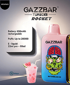 Gazzbar Turbo Rocket Watermelon Ice disposable vape device with a colorful skull illustration, product specifications listed, and a glass of pink watermelon drink with ice and fruit pieces in the foreground.