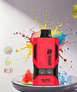 A red Zooy Watermelon Ice vape device stands on a plate with watermelon slices and ice cubes, against a colorful paint splash background featuring product details like 22,000 puffs and 30ml pre-filled liquid.