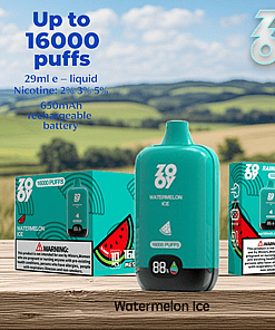 Three turquoise Zovoy Watermelon Ice vape boxes and a matching vape device are displayed on a wooden surface against a scenic countryside background, highlighting features like up to 16,000 puffs, 29ml e-liquid, variable nicotine options, and a rechargeable 650mAh battery.