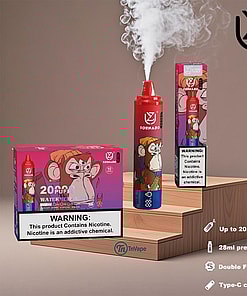 Tornado vape device and packaging featuring cartoon ape illustrations, surrounded by product boxes, vape smoke, warning labels about nicotine, and product highlights such as 20,000 puffs, double flavors, and USB Type-C charging.