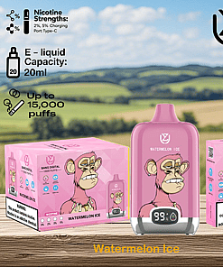 Watermelon Ice disposable vape device and packaging featuring a cartoon ape illustration, displayed on a wooden surface with a countryside landscape in the background, highlighting specifications such as 15,000 puffs, 20ml e-liquid capacity, and nicotine strengths of 2% and 5%.