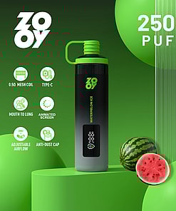 Promotional image for Zooy Watermelon Ice vape with a green and black vape device in the center, surrounded by green spheres, a watermelon, vape features icons, and large text reading '25000 PUFFS'.