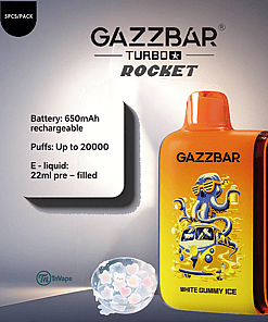 GAZZBAR Turbo Rocket vape device in orange and black with a cartoon octopus driving a yellow van, labeled 'White Gummy Ice'; product features listed include a 650mAh rechargeable battery, up to 20,000 puffs, and 22ml pre-filled e-liquid.