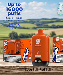 Orange Zooy Bull (Red Bull flavor) disposable vape device with packaging featuring product details and warnings, set on a wooden surface with a blurred countryside background.