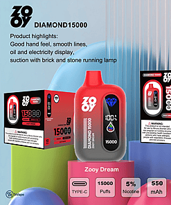 Advertisement for the ZOOY DIAMOND15000 vape device in red, highlighting features such as 15,000 puffs, 5% nicotine, 550mAh battery, 10ml e-liquid, mesh coil, USB Type-C charging, digital display, and 21+ age restriction.