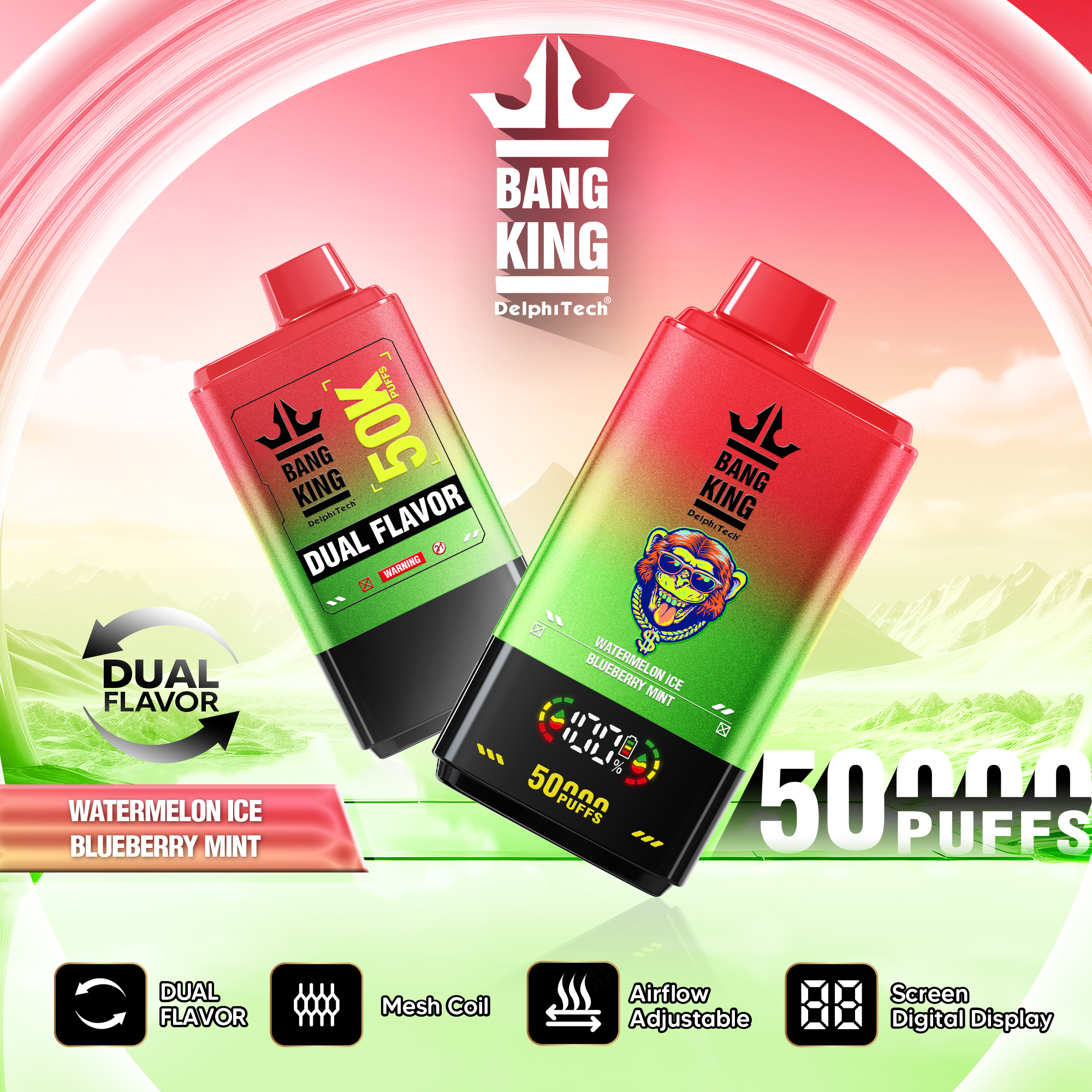 Promotional image for BANG KING dual flavor vape device featuring Watermelon Ice and Blueberry Mint flavors, showing two colorful vape devices with labeled features including mesh coil, adjustable airflow, and digital screen, and text highlighting 50,000 puffs.