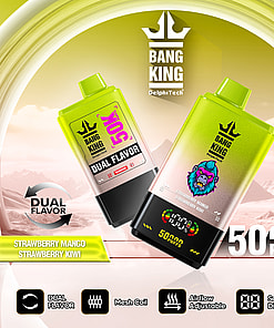 Advertisement for Bang King DelphTech dual flavor vape devices featuring strawberry mango and strawberry kiwi flavors, highlighting 50,000 puffs, adjustable airflow, mesh coil, and a digital display, with a vibrant background and product images.