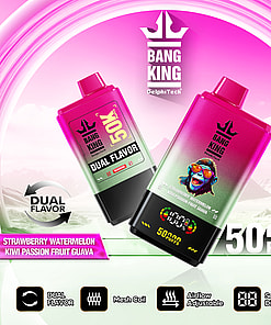 Promotional image for Bang King DelphiTech dual flavor vape devices, highlighting strawberry watermelon and kiwi passion fruit guava flavors, features such as 50,000 puffs, mesh coil, adjustable airflow, screen digital display, and a colorful pink and green design with a mountain background.