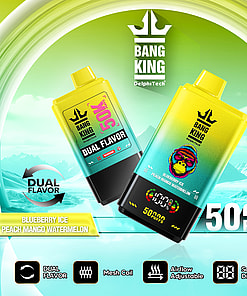 Promotional image for Bang King vape featuring two colorful dual flavor devices labeled Blueberry Ice and Peach Mango Watermelon, highlighting features like 50,000 puffs, mesh coil, adjustable airflow, and a digital screen, set against an icy mountain background.