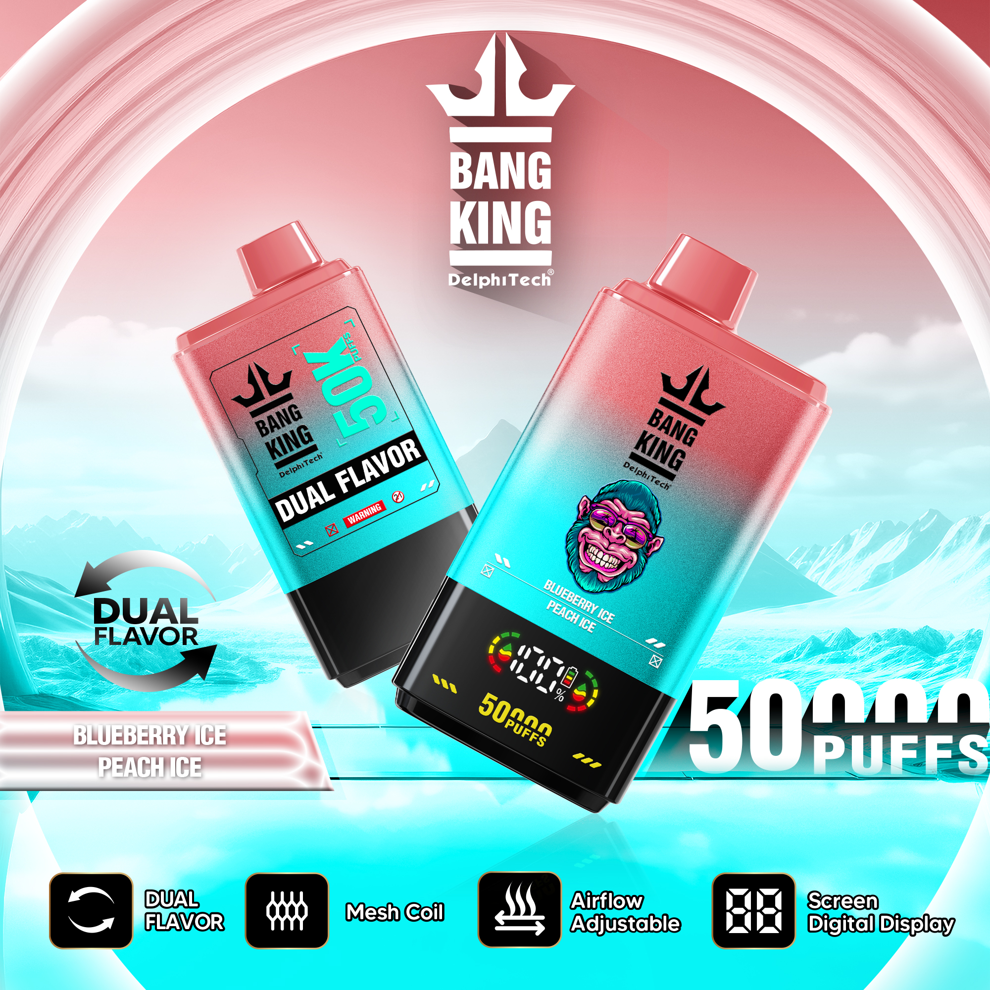 Promotional image for Bang King DelphiTech dual flavor vape devices in blueberry ice and peach ice, featuring two colorful devices with digital displays, dual flavor icons, and highlighting 50,000 puffs capability against an icy mountain background.
