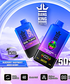 Two Bang King vape devices with blue and purple gradient design, displaying product features like dual flavor (blueberry raspberry and mixed berry), mesh coil, adjustable airflow, and digital screen, set against a snowy mountain background with text emphasizing 50,000 puffs.
