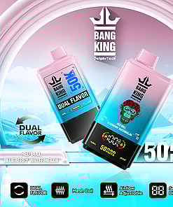 Advertisement for Bang King DelphiTech dual flavor disposable vape devices featuring Red Bull and Blueberry Watermelon flavors, highlighting 50,000 puffs, mesh coil, adjustable airflow, and a digital display, against an icy mountain background.