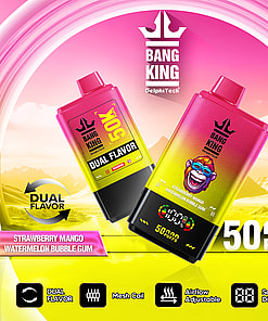 Two brightly colored Bang King vape devices featuring dual flavors, strawberry mango and watermelon bubble gum, shown with product features like mesh coil, airflow adjustment, and a digital display, set against a vivid pink and yellow landscape background.
