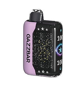 Compact electronic vape device labeled 'GAZZBAR' with a cosmic design, star constellation graphic, and battery and droplet icons on its black and purple exterior.