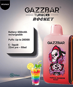 Gazzbar Turbo Rocket vape device in pink with a grim reaper illustration labeled 'Tropical Rainbow Blast,' next to a colorful layered drink and product specifications including a 650mAh rechargeable battery, up to 20,000 puffs, and 22ml pre-filled e-liquid.