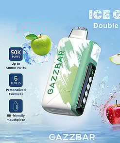 Promotional image for Gazzbar Ice God Double Apple vape device, featuring green and red apples with ice and water splash effects, and highlighting features like 50,000 puffs, five coolness levels, and a bit-friendly mouthpiece.
