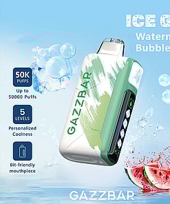 Promotional image for Gazzbar Ice God Watermelon Bubble Gum vape, featuring the device, water splashes, watermelon slices, and product features like 50,000 puffs and 5 cooling levels.