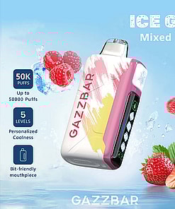 Colorful vape device labeled 'GAZZBAR' with digital screen, surrounded by ice, raspberries, and strawberries, promoting 'Ice God Mixed Berry' flavor and features like 50,000 puffs and five cooling levels.
