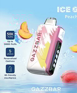 Gazzbar ICE GOD Peach Ice disposable vape device with a colorful design, digital display, and peaches, ice, and water splashes in the background, highlighting features like 50,000 puffs, 5 coolness levels, and a bit-friendly mouthpiece.
