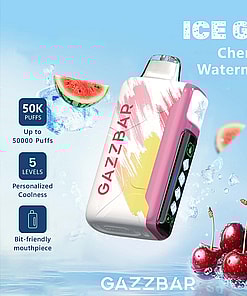 Gazzbar ICE GOD Cherry Watermelon vape device with digital display, surrounded by ice cubes, watermelon slices, and cherries, highlighting features like 50,000 puffs, five coolness levels, and a unique mouthpiece.